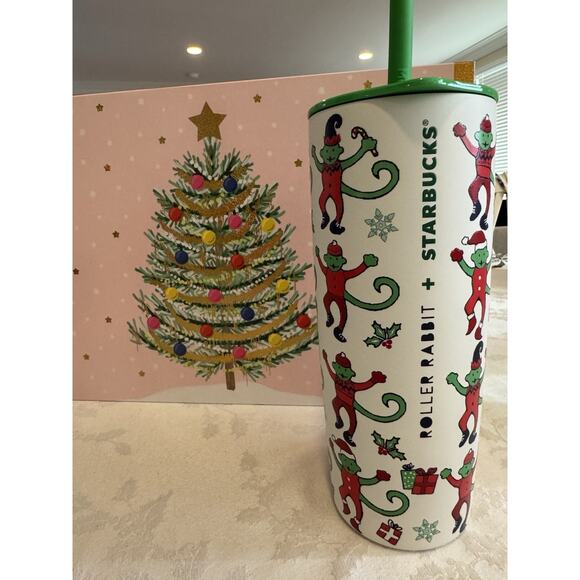 Starbucks x Roller Rabbit Stainless Steel Tumbler Cup Holiday Monkey 2025 - Picture 4 of 5